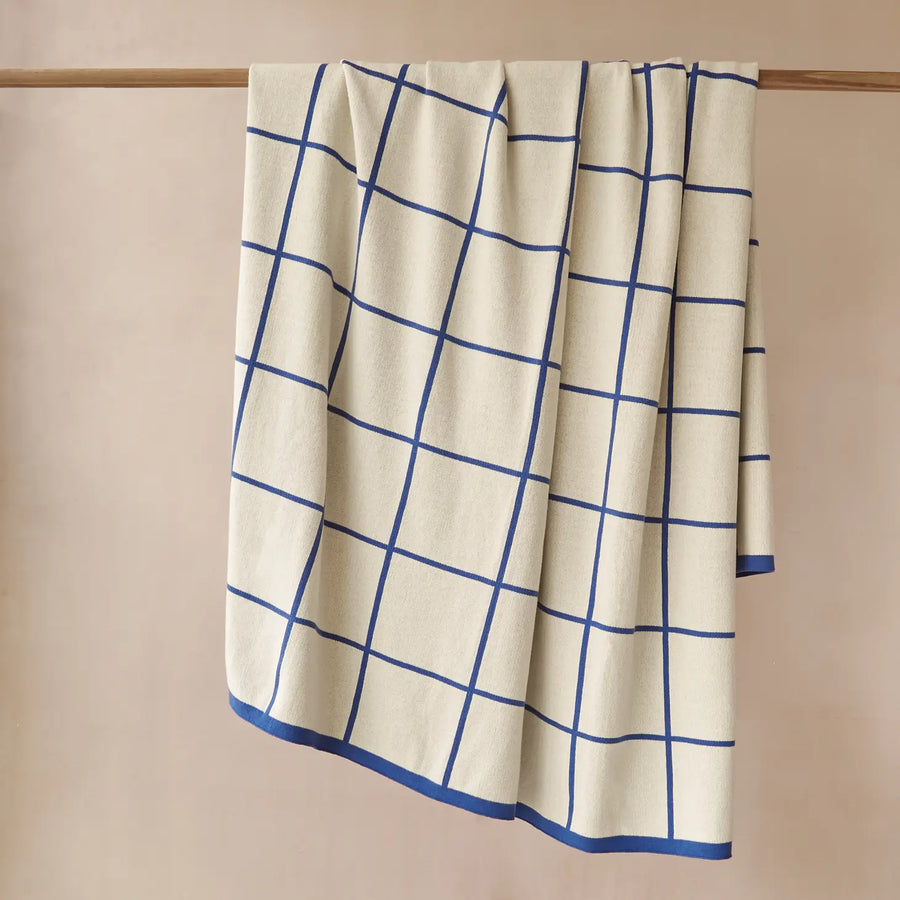 Cotton Knit Throw Blanket - Grid/Cobalt
