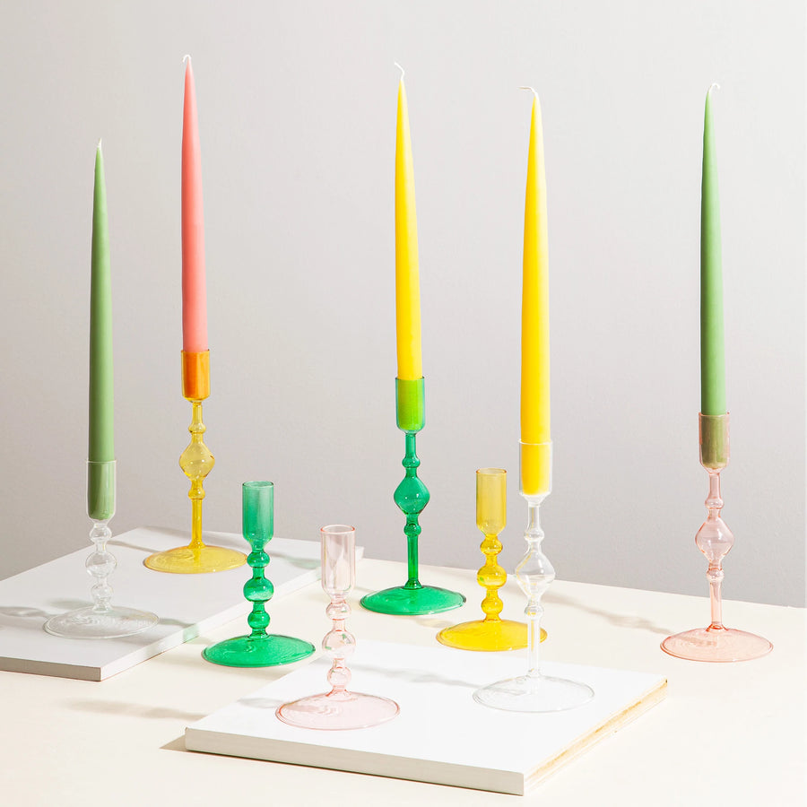 Tall Glass Candlestick Holder - Yellow